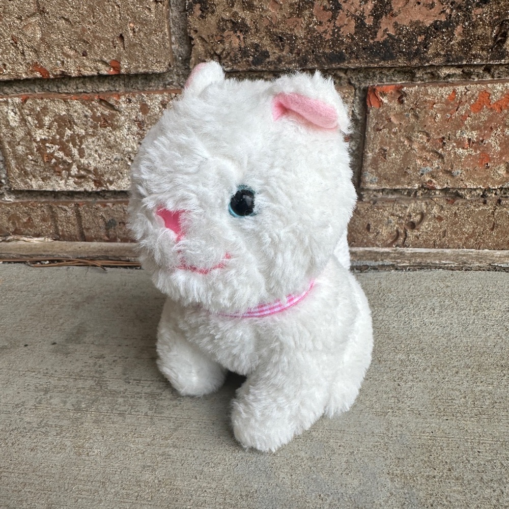 Vtg Fenicalcan White Cat Kitten Plush  6” Pink Gingham Checkered Collar HTF